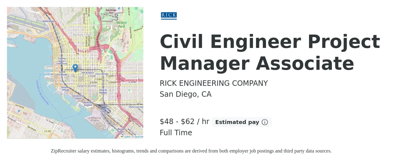 RICK ENGINEERING COMPANY job posting for a Civil Engineer Project Manager Associate in San Diego, CA with a salary of $50 to $65 Hourly with a map of San Diego location.