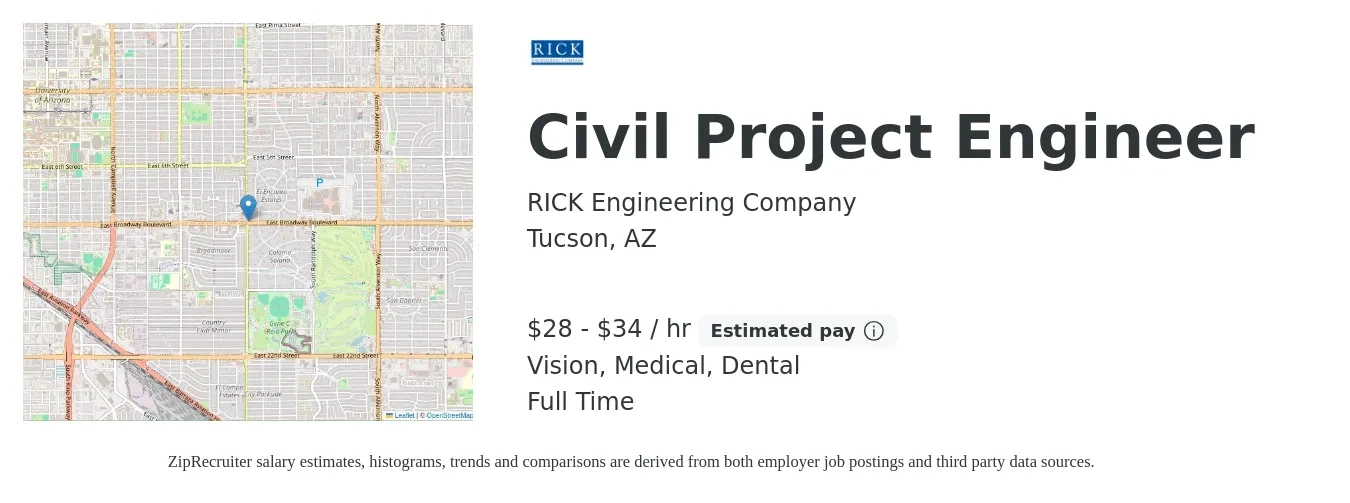 RICK Engineering Company job posting for a Civil Project Engineer in Tucson, AZ with a salary of $30 to $36 Hourly and benefits including retirement, vision, dental, life_insurance, and medical with a map of Tucson location.