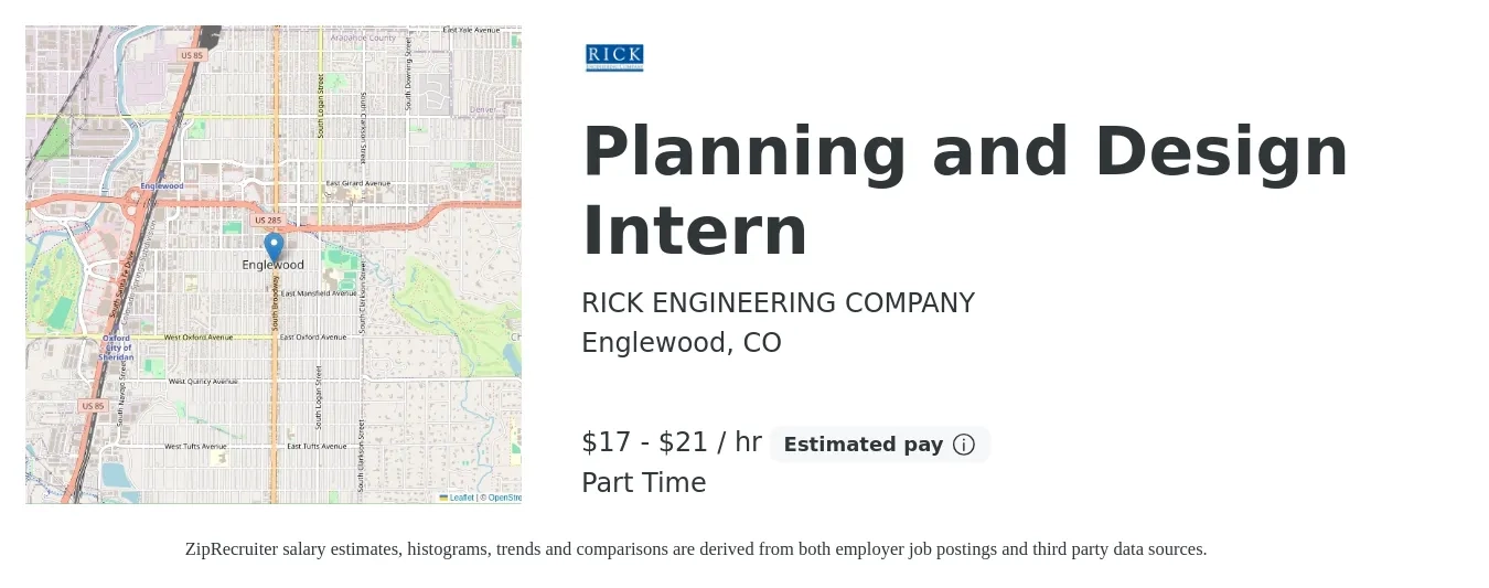 RICK ENGINEERING COMPANY job posting for a Planning and Design Intern in Englewood, CO with a salary of $18 to $22 Hourly with a map of Englewood location.