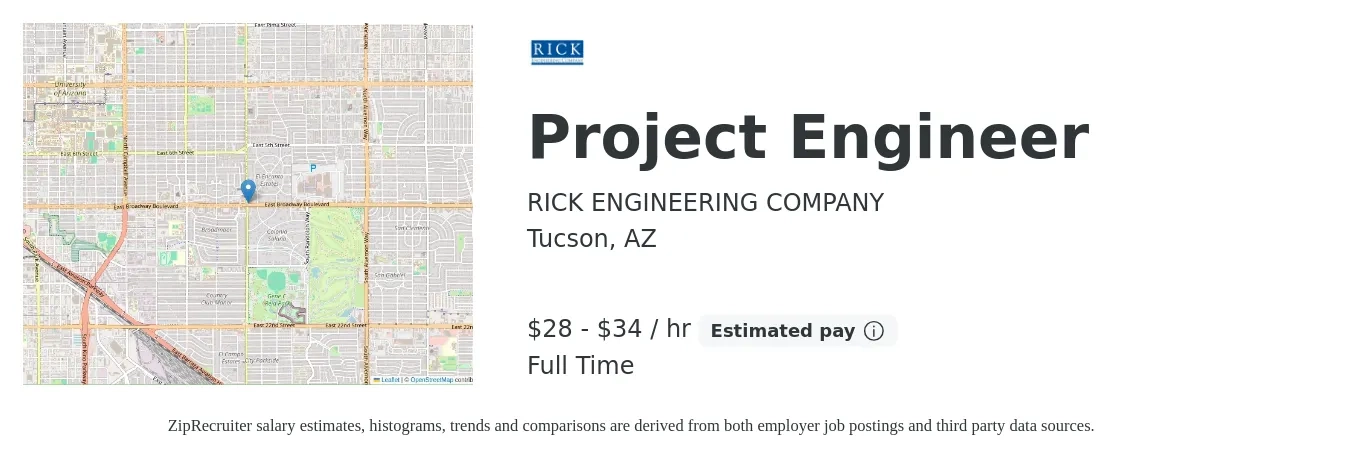RICK ENGINEERING COMPANY job posting for a Project Engineer in Tucson, AZ with a salary of $30 to $36 Hourly with a map of Tucson location.