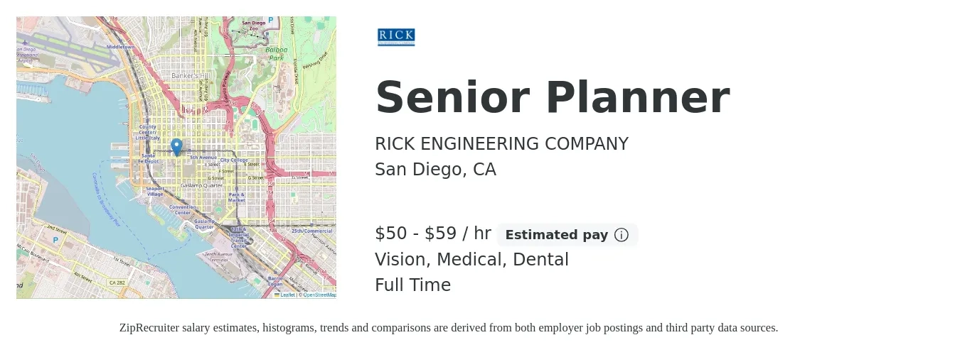 RICK ENGINEERING COMPANY job posting for a Senior Planner in San Diego, CA with a salary of $52 to $62 Hourly with a map of San Diego location.