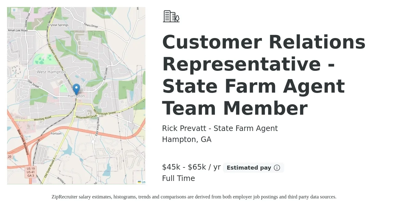 Rick Prevatt - State Farm Agent job posting for a Customer Relations Representative - State Farm Agent Team Member in Hampton, GA with a salary of $45,000 to $65,000 Yearly with a map of Hampton location.