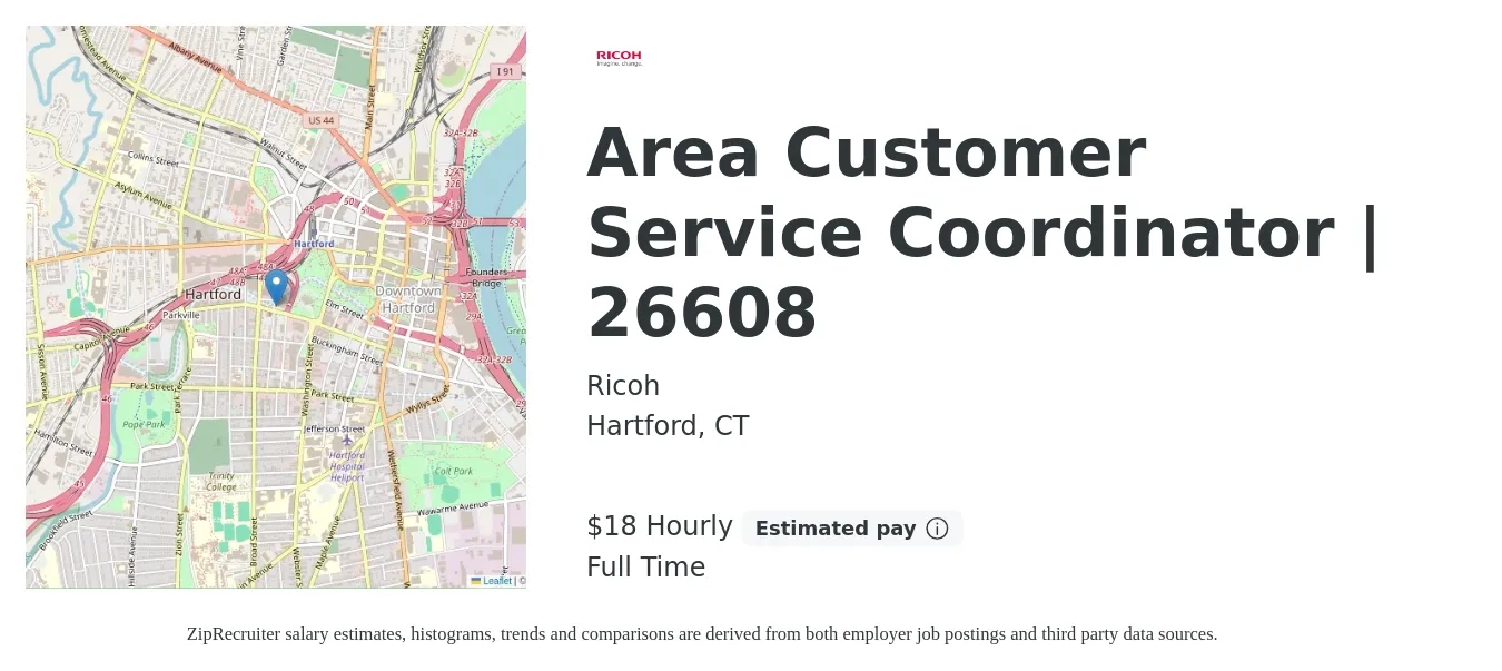 Ricoh job posting for a Area Customer Service Coordinator | 26608 in Hartford, CT with a salary of $20 Hourly with a map of Hartford location.