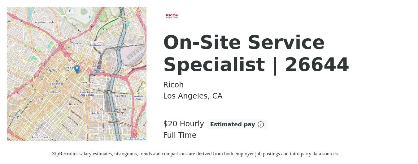 Ricoh job posting for a On-Site Service Specialist | 26644 in Los Angeles, CA with a salary of $21 Hourly with a map of Los Angeles location.