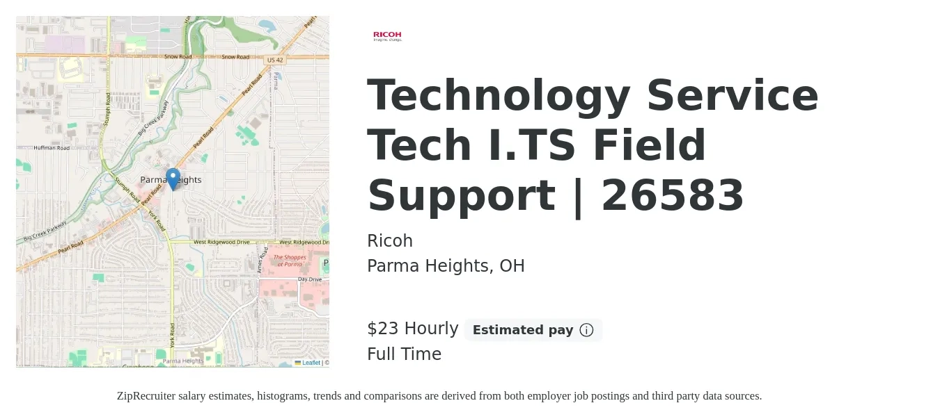 Ricoh job posting for a Technology Service Tech I.TS Field Support | 26583 in Parma Heights, OH with a salary of $25 Hourly with a map of Parma Heights location.