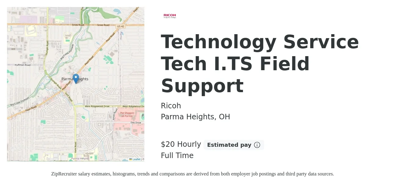 Ricoh job posting for a Technology Service Tech I.TS Field Support in Parma Heights, OH with a salary of $21 Hourly with a map of Parma Heights location.
