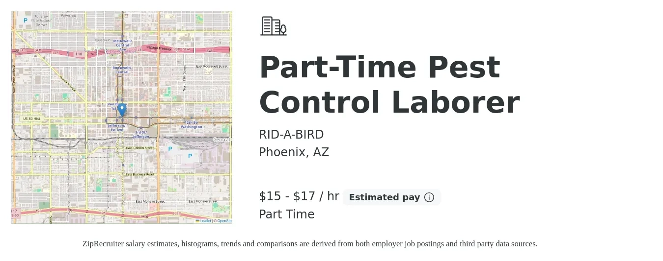 RID-A-BIRD job posting for a Part-Time Pest Control Laborer in Phoenix, AZ with a salary of $16 to $18 Hourly with a map of Phoenix location.