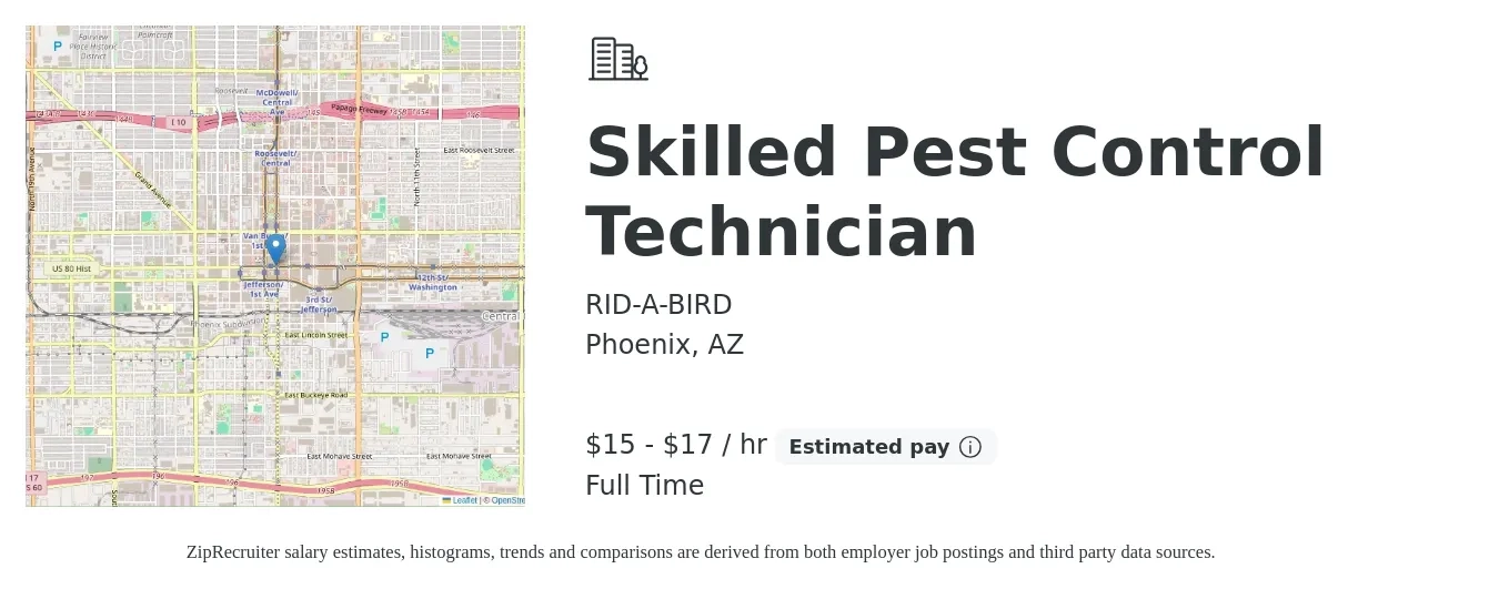 RID-A-BIRD job posting for a Skilled Pest Control Technician in Phoenix, AZ with a salary of $16 to $18 Hourly with a map of Phoenix location.