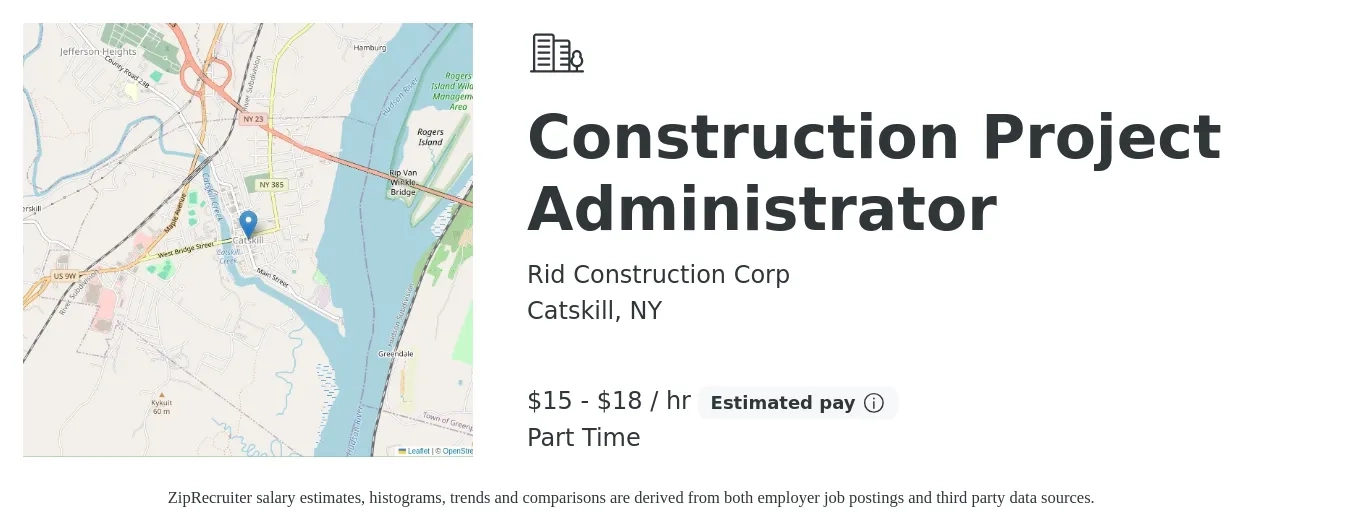 Rid Construction Corp job posting for a Construction Project Administrator in Catskill, NY with a salary of $16 to $19 Hourly (plus commission) with a map of Catskill location.
