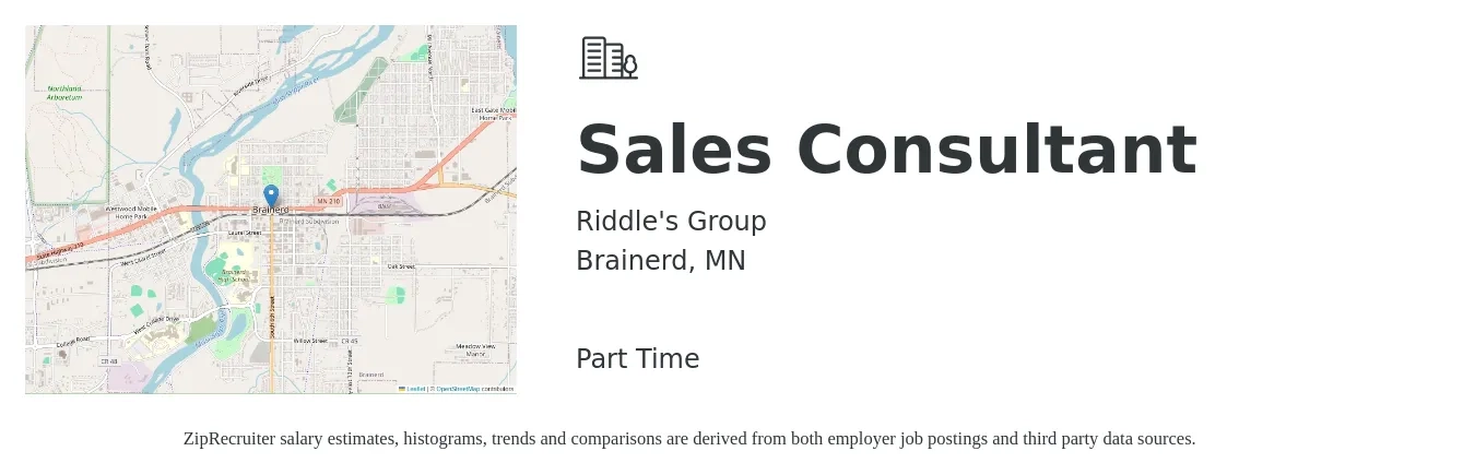 Riddle's Group job posting for a Sales Consultant in Brainerd, MN with a salary of $39,600 to $77,800 Yearly with a map of Brainerd location.