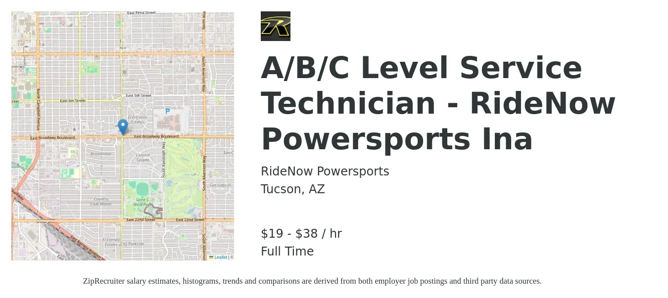 RIDENOW POWERSPORTS job posting for a A/B/C Level Service Technician - RideNow Powersports Ina in Tucson, AZ with a salary of $20 to $40 Hourly with a map of Tucson location.