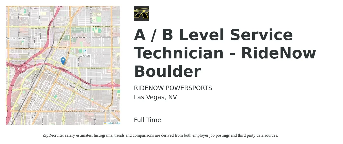 RIDENOW POWERSPORTS job posting for a A / B Level Service Technician - RideNow Boulder in Las Vegas, NV with a salary of $20 to $40 Hourly with a map of Las Vegas location.