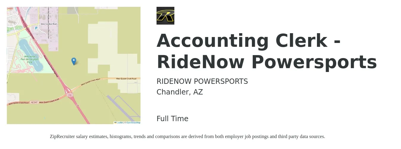 RIDENOW POWERSPORTS job posting for a Accounting Clerk - RideNow Powersports in Chandler, AZ with a salary of $20 to $22 Hourly with a map of Chandler location.