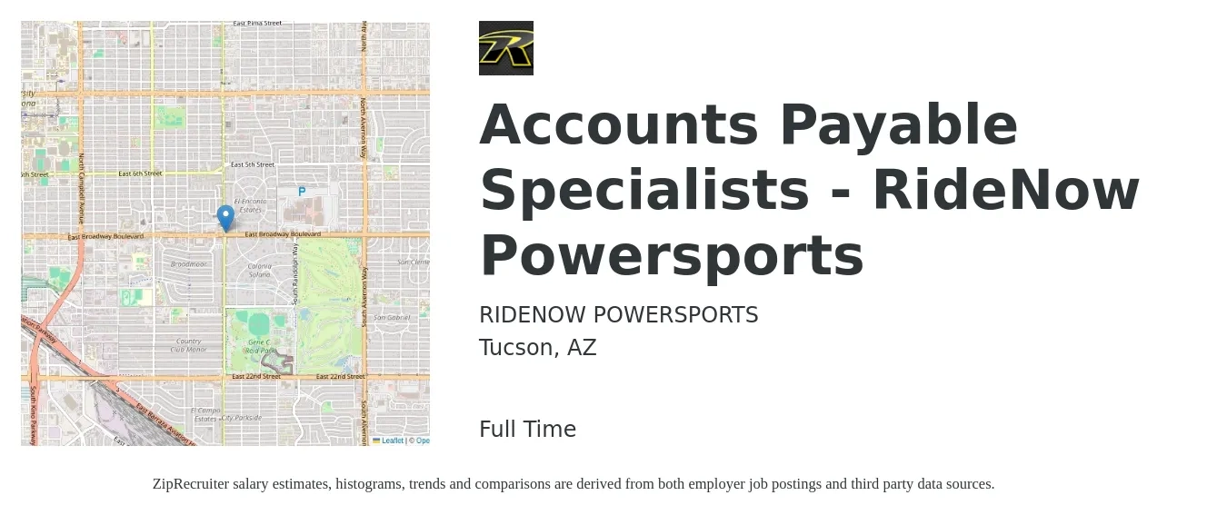 RIDENOW POWERSPORTS job posting for a Accounts Payable Specialists - RideNow Powersports in Tucson, AZ with a salary of $20 to $26 Hourly with a map of Tucson location.
