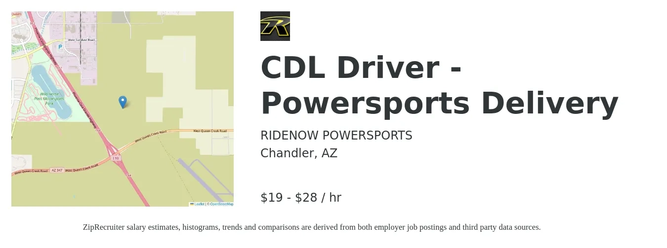 RIDENOW POWERSPORTS job posting for a CDL Driver - Powersports Delivery in Chandler, AZ with a salary of $20 to $30 Hourly with a map of Chandler location.