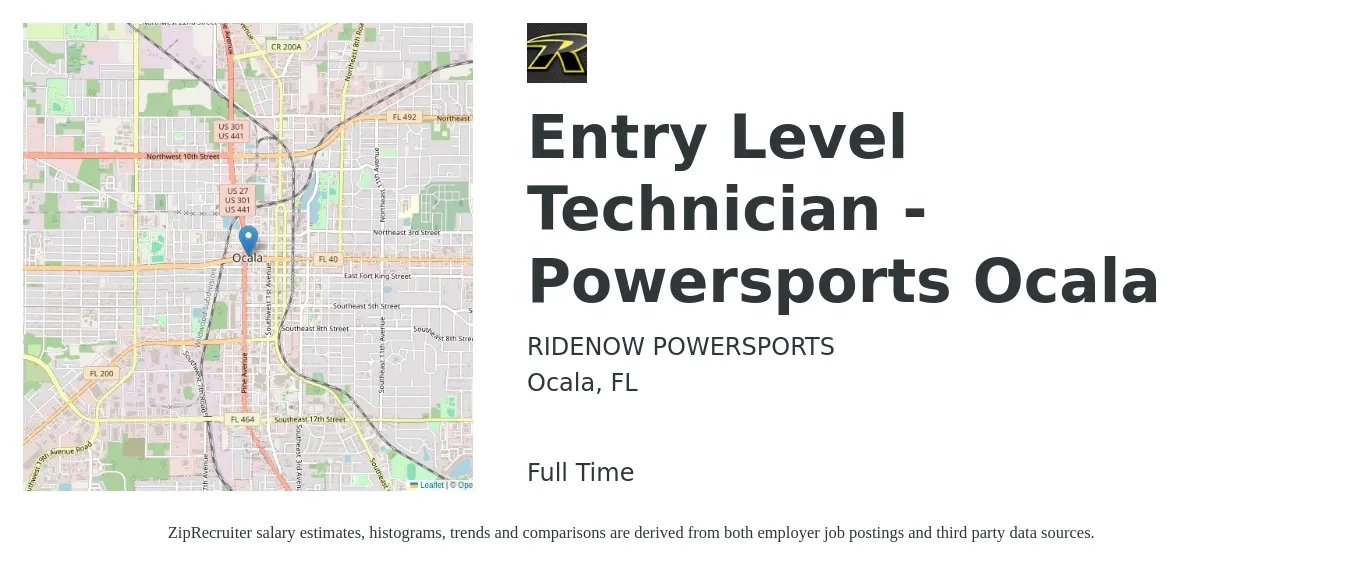 RIDENOW POWERSPORTS job posting for a Entry Level Technician - Powersports Ocala in Ocala, FL with a salary of $15 to $20 Hourly with a map of Ocala location.
