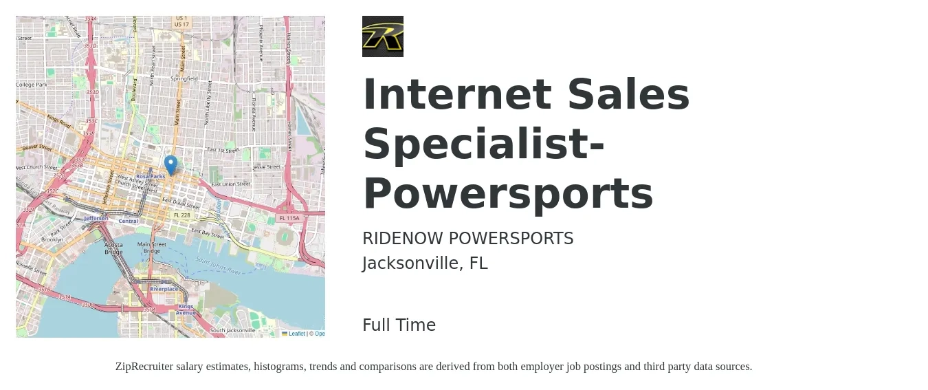 RIDENOW POWERSPORTS job posting for a Internet Sales Specialist- Powersports in Jacksonville, FL with a salary of $17 to $29 Hourly with a map of Jacksonville location.