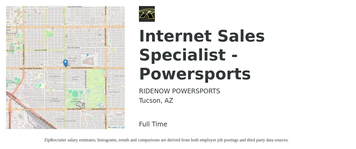 RIDENOW POWERSPORTS job posting for a Internet Sales Specialist - Powersports in Tucson, AZ with a salary of $17 to $30 Hourly with a map of Tucson location.