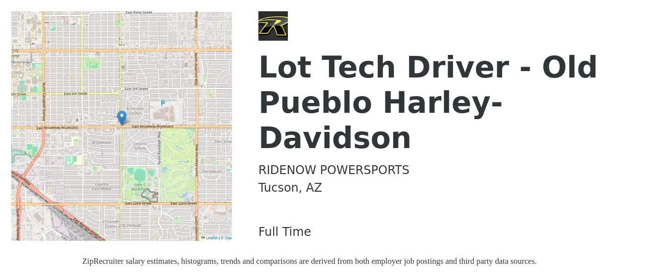 RIDENOW POWERSPORTS job posting for a Lot Tech Driver - Old Pueblo Harley-Davidson in Tucson, AZ with a salary of $15 to $17 Hourly with a map of Tucson location.