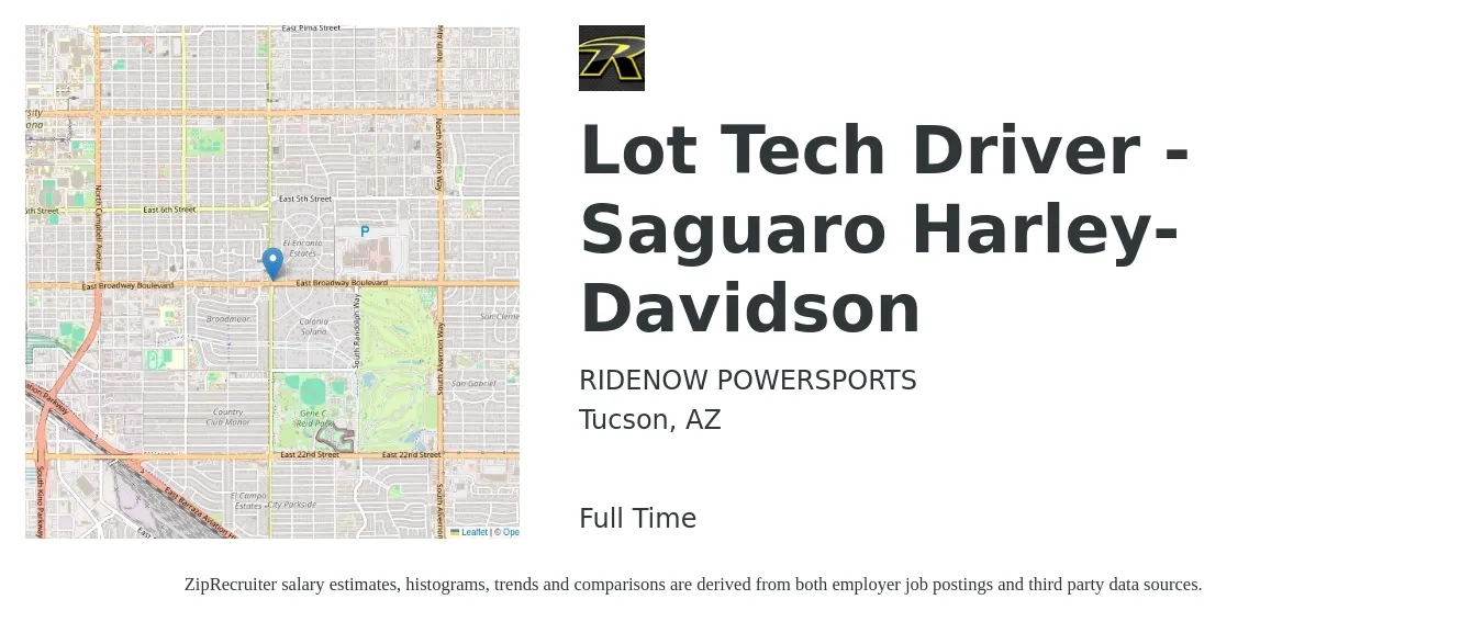 RIDENOW POWERSPORTS job posting for a Lot Tech Driver - Saguaro Harley-Davidson in Tucson, AZ with a salary of $15 to $17 Hourly with a map of Tucson location.