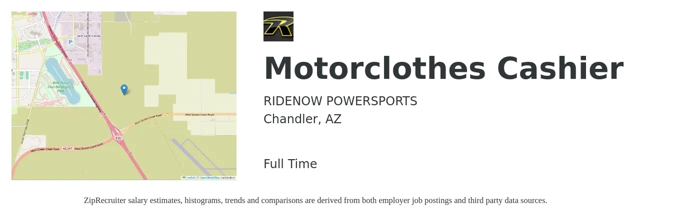 RIDENOW POWERSPORTS job posting for a Motorclothes Cashier in Chandler, AZ with a salary of $12 to $16 Hourly with a map of Chandler location.