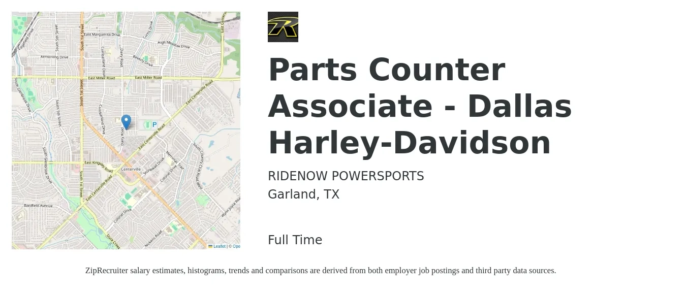 RIDENOW POWERSPORTS job posting for a Parts Counter Associate - Dallas Harley-Davidson in Garland, TX with a salary of $16 to $21 Hourly with a map of Garland location.