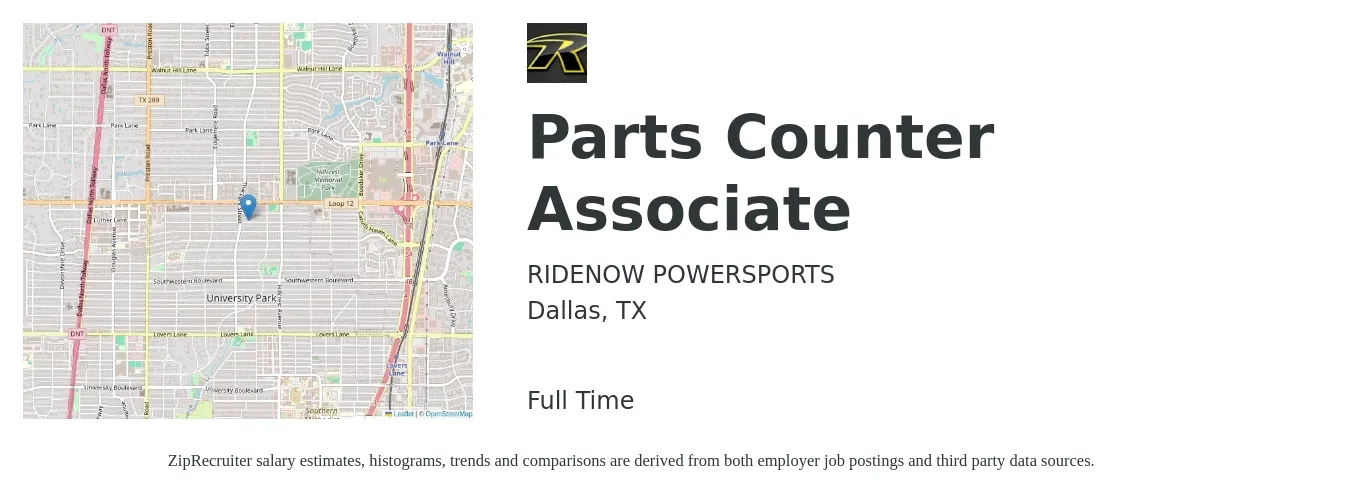 RIDENOW POWERSPORTS job posting for a Parts Counter Associate in Dallas, TX with a salary of $12 to $14 Hourly with a map of Dallas location.