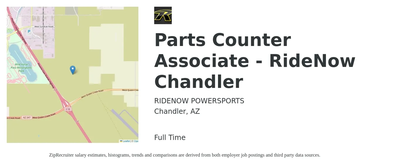 RIDENOW POWERSPORTS job posting for a Parts Counter Associate - RideNow Chandler in Chandler, AZ with a salary of $16 to $21 Hourly with a map of Chandler location.