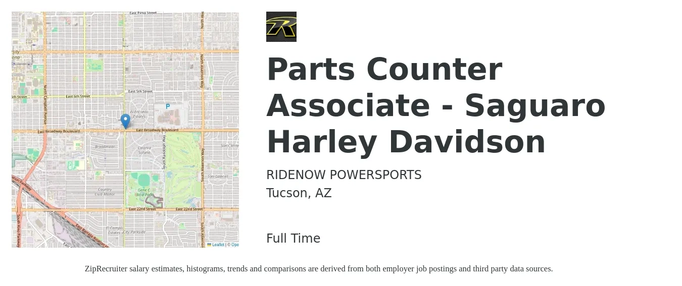 RIDENOW POWERSPORTS job posting for a Parts Counter Associate - Saguaro Harley Davidson in Tucson, AZ with a salary of $15 Hourly with a map of Tucson location.