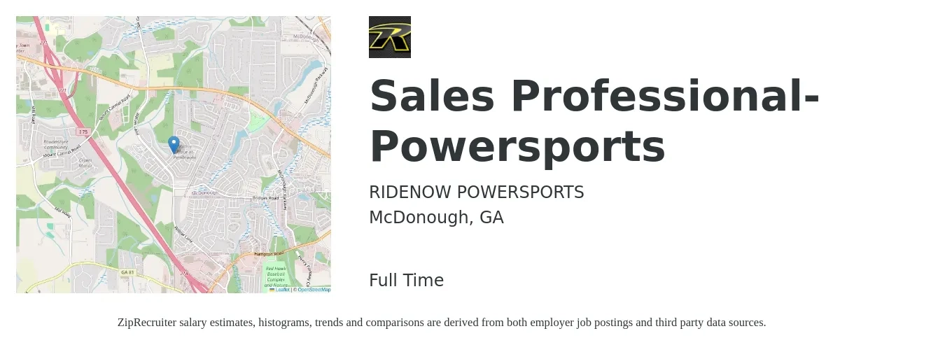 RIDENOW POWERSPORTS job posting for a Sales Professional- Powersports in McDonough, GA with a salary of $48,400 to $88,200 Yearly with a map of McDonough location.