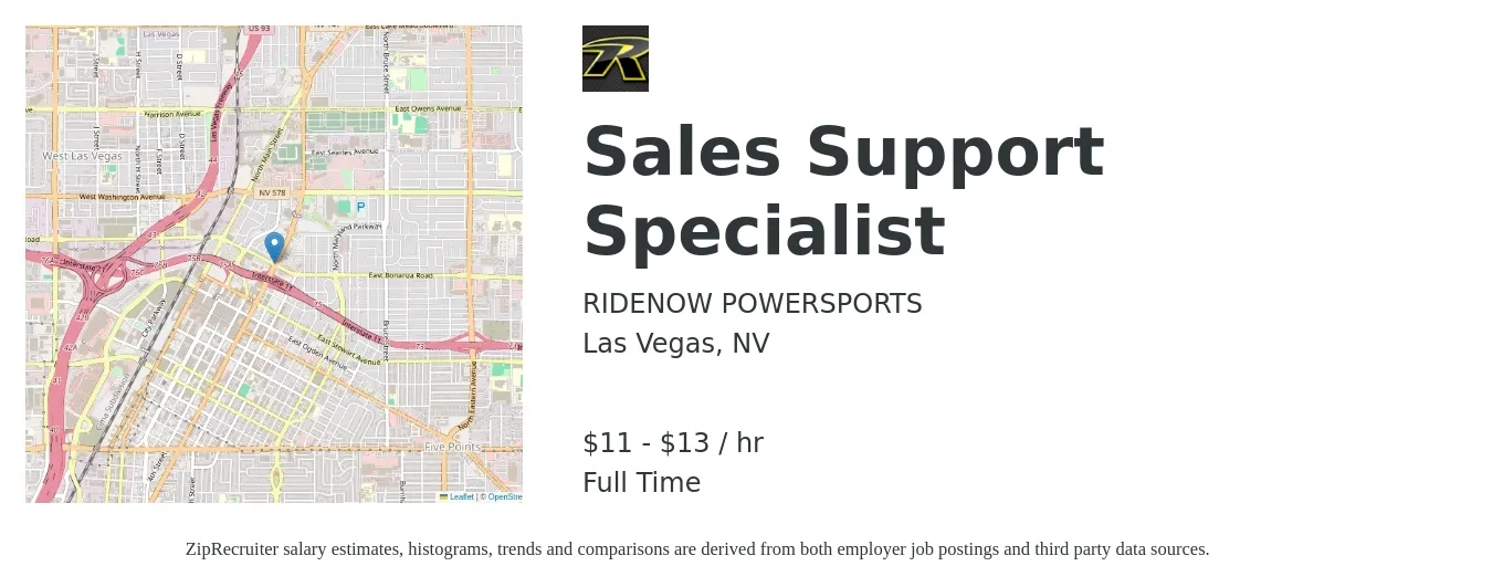 RIDENOW POWERSPORTS job posting for a Sales Support Specialist in Las Vegas, NV with a salary of $12 to $14 Hourly with a map of Las Vegas location.