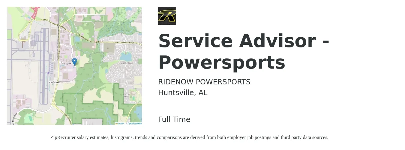 RIDENOW POWERSPORTS job posting for a Service Advisor - Powersports in Huntsville, AL with a salary of $19 to $30 Hourly with a map of Huntsville location.