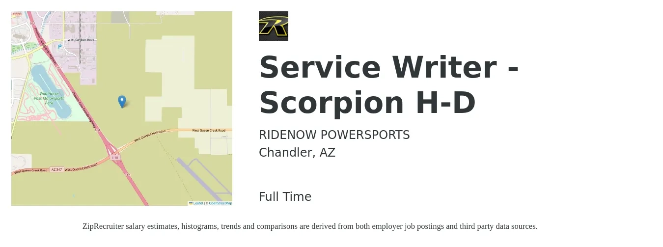 RIDENOW POWERSPORTS job posting for a Service Writer - Scorpion H-D in Chandler, AZ with a salary of $19 to $28 Hourly with a map of Chandler location.