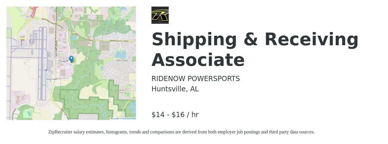 RIDENOW POWERSPORTS job posting for a Shipping & Receiving Associate in Huntsville, AL with a salary of $15 to $17 Hourly with a map of Huntsville location.
