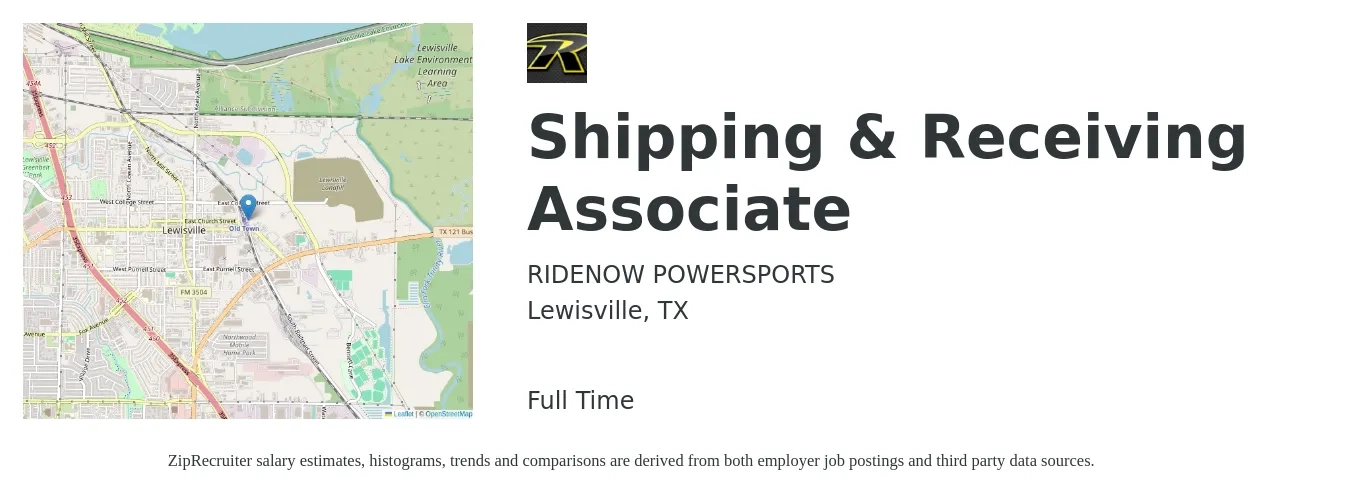 RIDENOW POWERSPORTS job posting for a Shipping & Receiving Associate in Lewisville, TX with a salary of $16 to $18 Hourly with a map of Lewisville location.