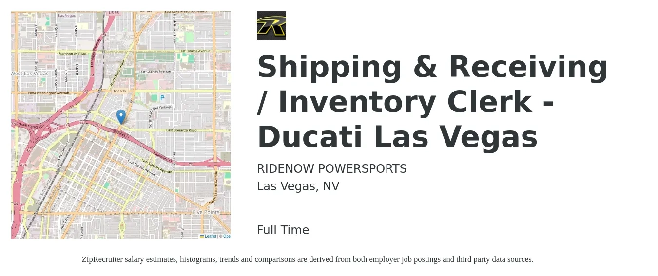 RIDENOW POWERSPORTS job posting for a Shipping & Receiving / Inventory Clerk - Ducati Las Vegas in Las Vegas, NV with a salary of $15 to $18 Hourly with a map of Las Vegas location.
