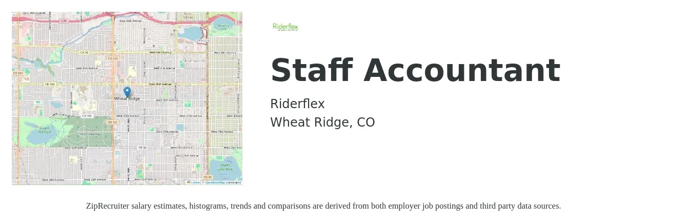 Riderflex job posting for a Staff Accountant in Wheat Ridge, CO with a salary of $70,000 to $85,000 Yearly with a map of Wheat Ridge location.