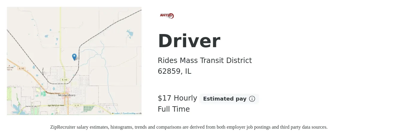 Rides Mass Transit District job posting for a Driver in 62859, IL with a salary of $18 Hourly with a map of 62859 location.