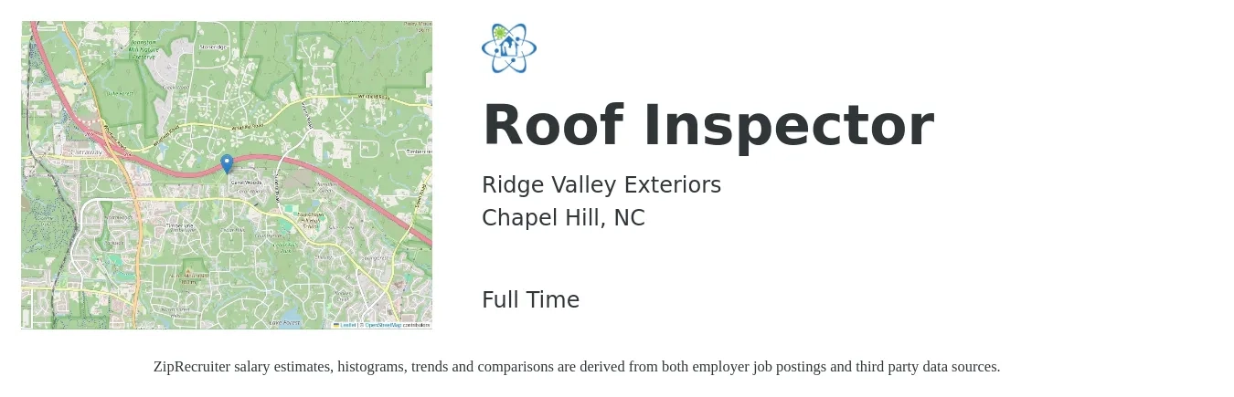 Ridge Valley Exteriors job posting for a Roof Inspector in Chapel Hill, NC with a salary of $14,000 Monthly with a map of Chapel Hill location.