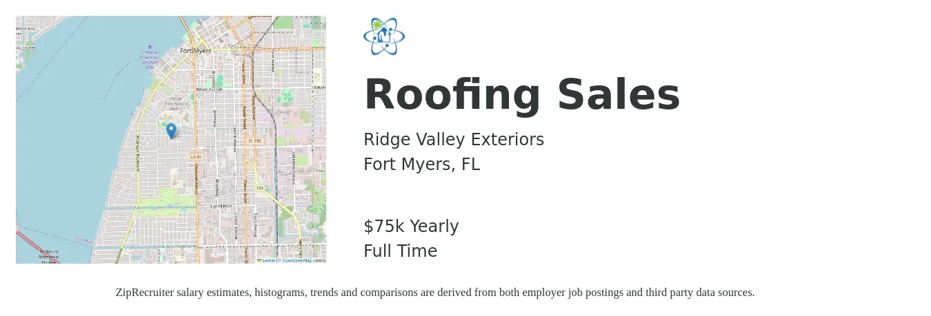 Ridge Valley Exteriors job posting for a Roofing Sales in Fort Myers, FL with a salary of $75,000 Yearly with a map of Fort Myers location.