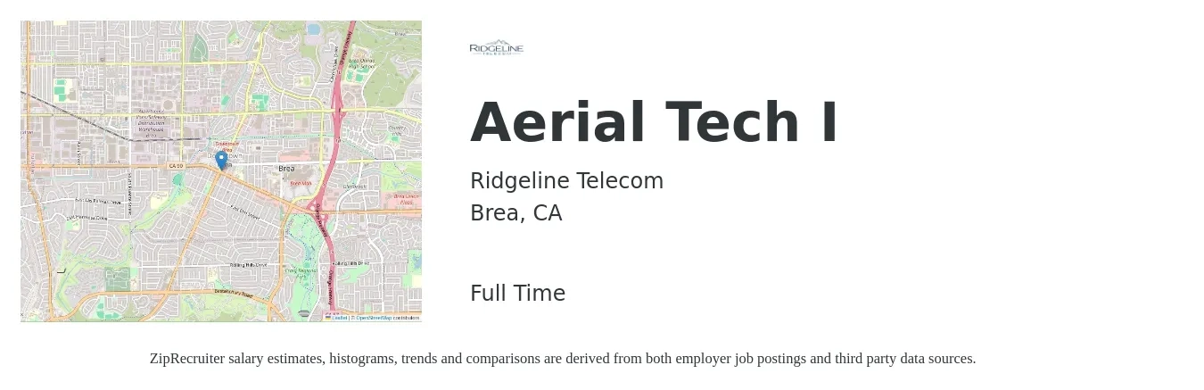 Ridgeline Telecom job posting for a Aerial Tech I in Brea, CA with a salary of $20 to $21 Hourly with a map of Brea location.