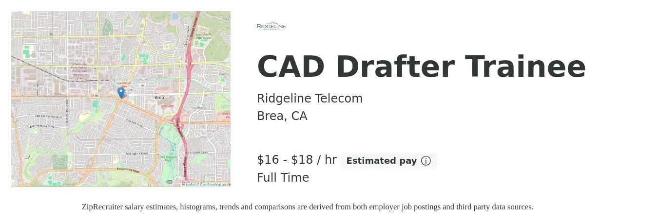 Ridgeline Telecom job posting for a CAD Drafter Trainee in Brea, CA with a salary of $17 to $19 Hourly with a map of Brea location.