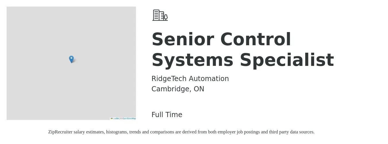 RidgeTech Automation job posting for a Senior Control Systems Specialist in Cambridge, ON with a map of Cambridge location.