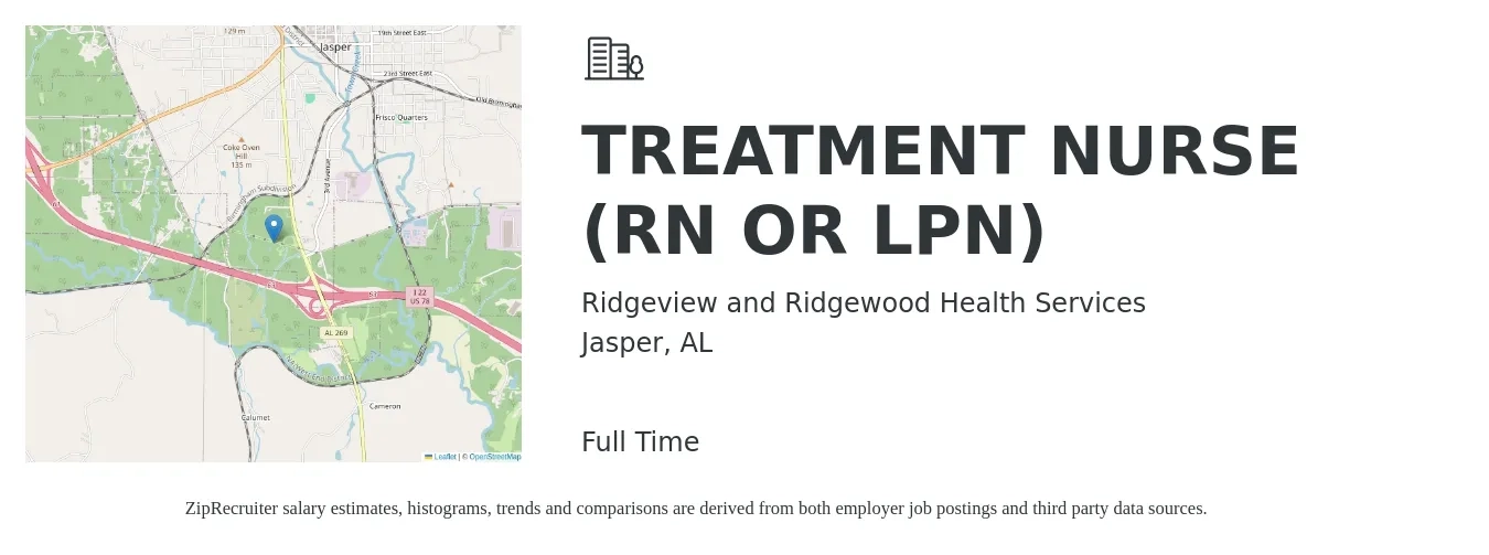 Ridgeview and Ridgewood Health Services job posting for a TREATMENT NURSE (RN OR LPN) in Jasper, AL with a salary of $24 to $32 Hourly with a map of Jasper location.