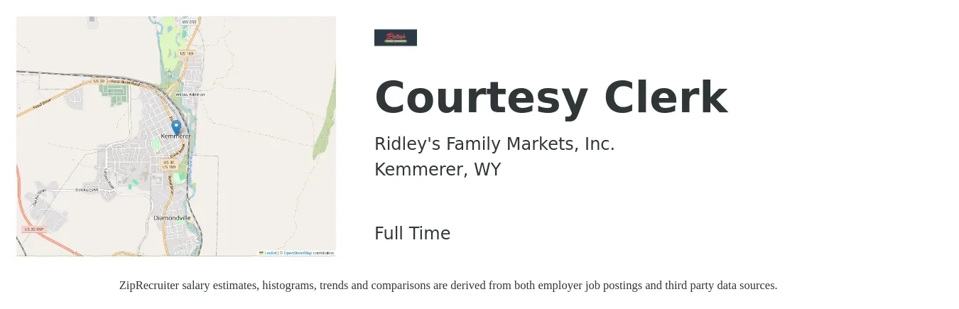 Ridley's Family Markets, Inc. job posting for a Courtesy Clerk in Kemmerer, WY with a salary of $12 to $16 Hourly with a map of Kemmerer location.