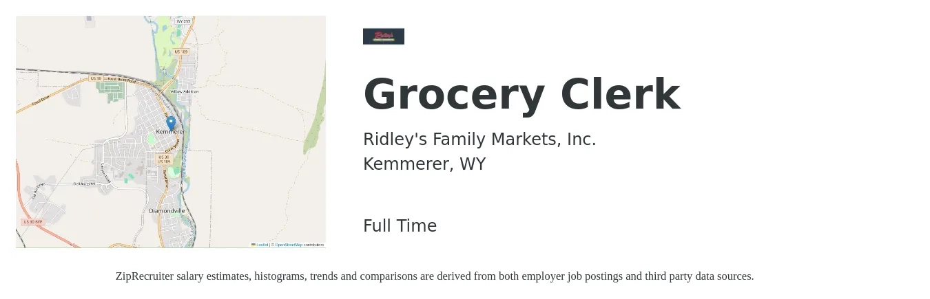 Ridley's Family Markets, Inc. job posting for a Grocery Clerk in Kemmerer, WY with a salary of $14 to $16 Hourly with a map of Kemmerer location.