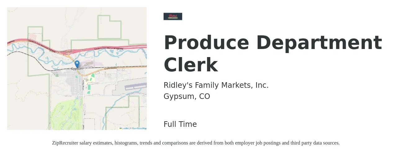 Ridley's Family Markets, Inc. job posting for a Produce Department Clerk in Gypsum, CO with a salary of $16 to $20 Hourly with a map of Gypsum location.