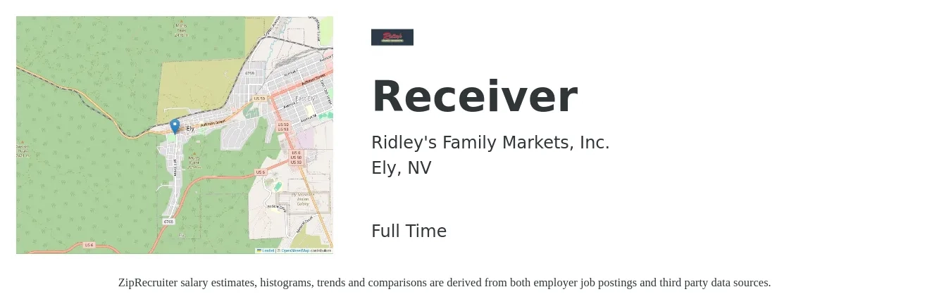 Ridley's Family Markets, Inc. job posting for a Receiver in Ely, NV with a salary of $15 to $19 Hourly with a map of Ely location.