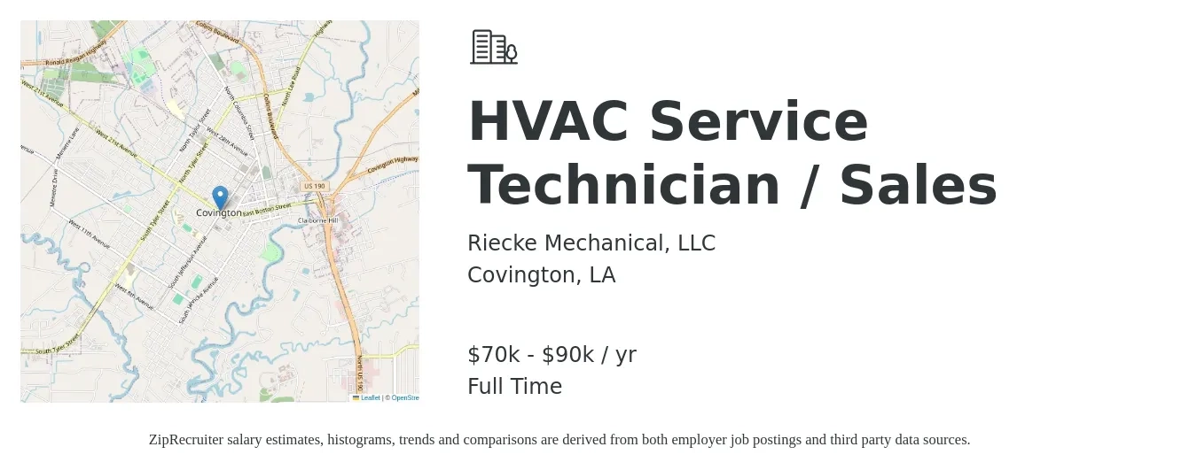Riecke Mechanical, LLC job posting for a HVAC Service Technician / Sales in Covington, LA with a salary of $70,000 to $90,000 Yearly with a map of Covington location.