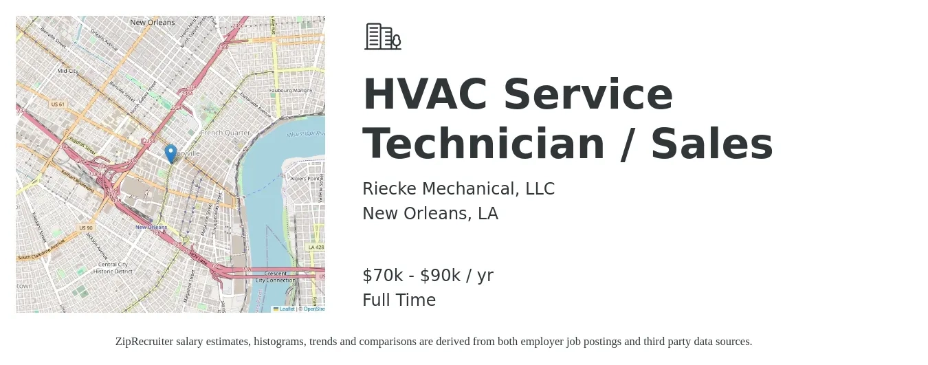 Riecke Mechanical, LLC job posting for a HVAC Service Technician / Sales in New Orleans, LA with a salary of $70,000 to $90,000 Yearly with a map of New Orleans location.